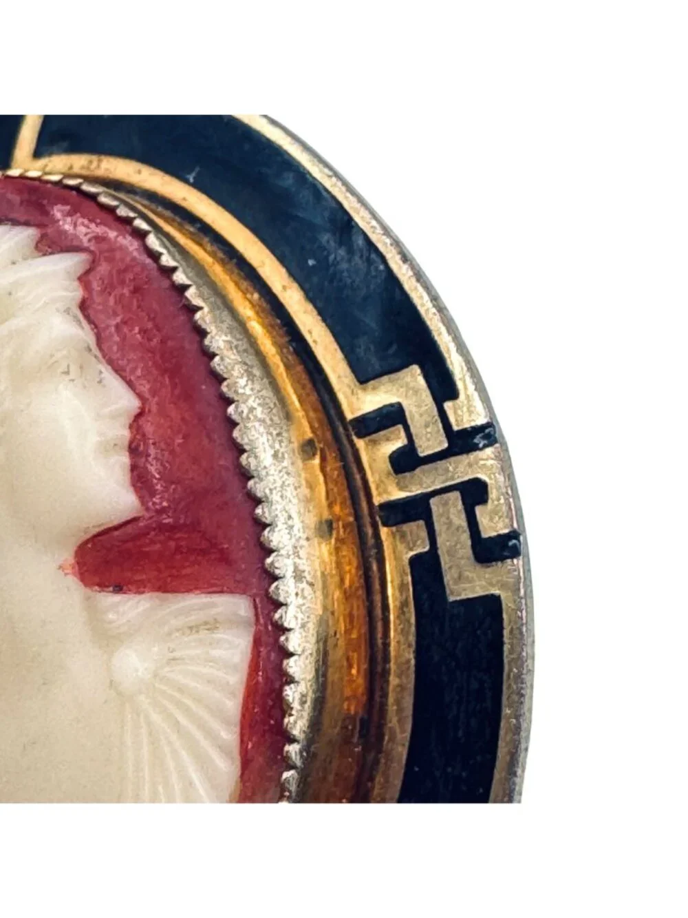 Vintage Cameo Art Deco Brooch 12k GF Frame Greek Key Border Gold w/ Black Enamel